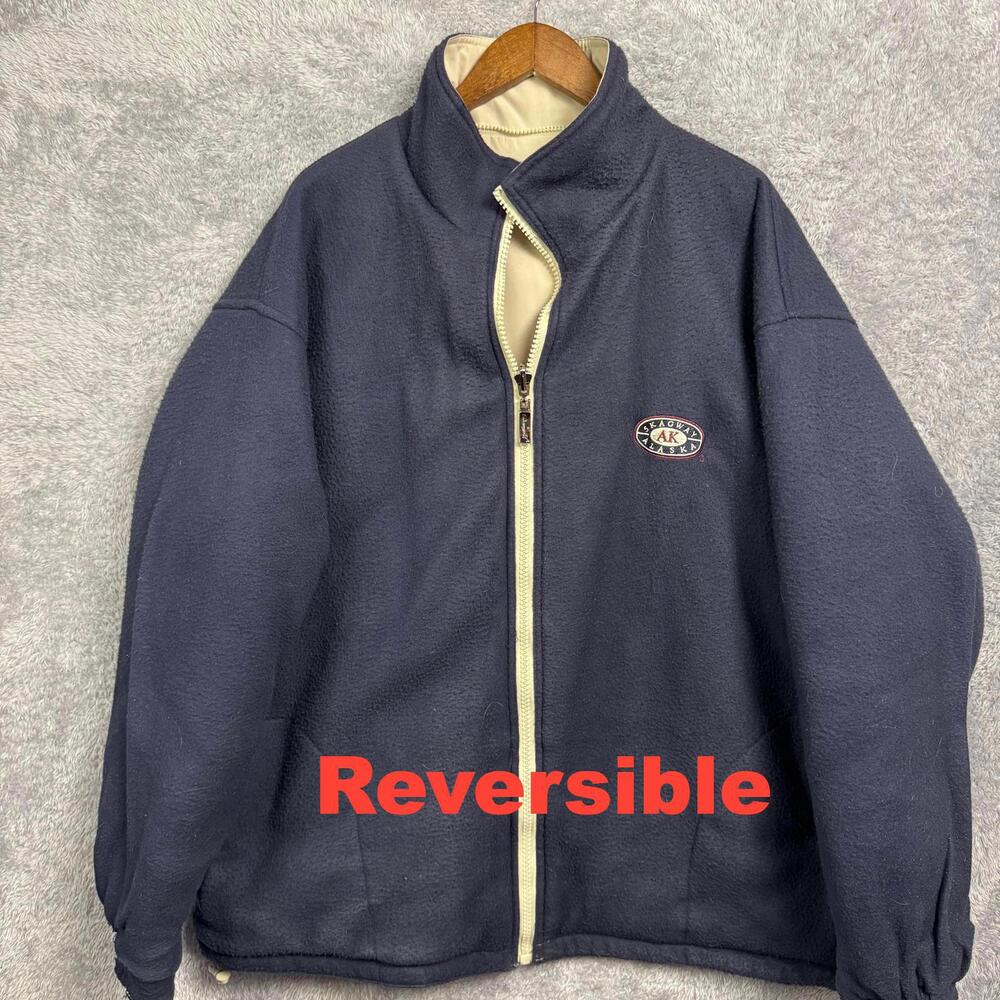 Alaska Mens XL Reversible Fleece Jacket‎ Navy Beige Winter Coat Insulated Cozy